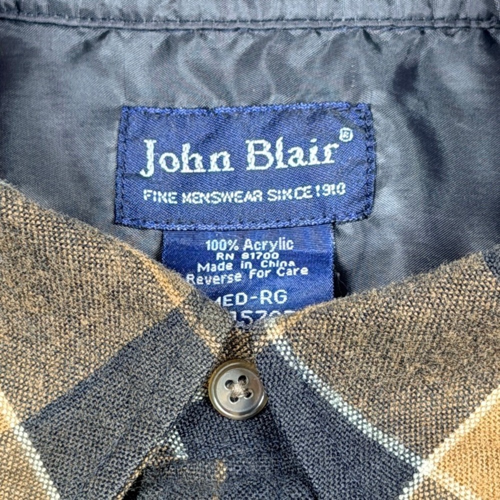 Vintage John Blair Mens Brown Black Plaid Acrylic Button Down Shirt Medium - Picture 3 of 7
